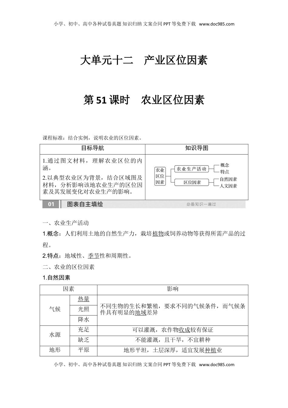 高考地理复习  2025届高中地理一轮复习讲义：第二部分人文地理第十二单元产业区位因素第51课时　农业区位因素（教师版）.doc