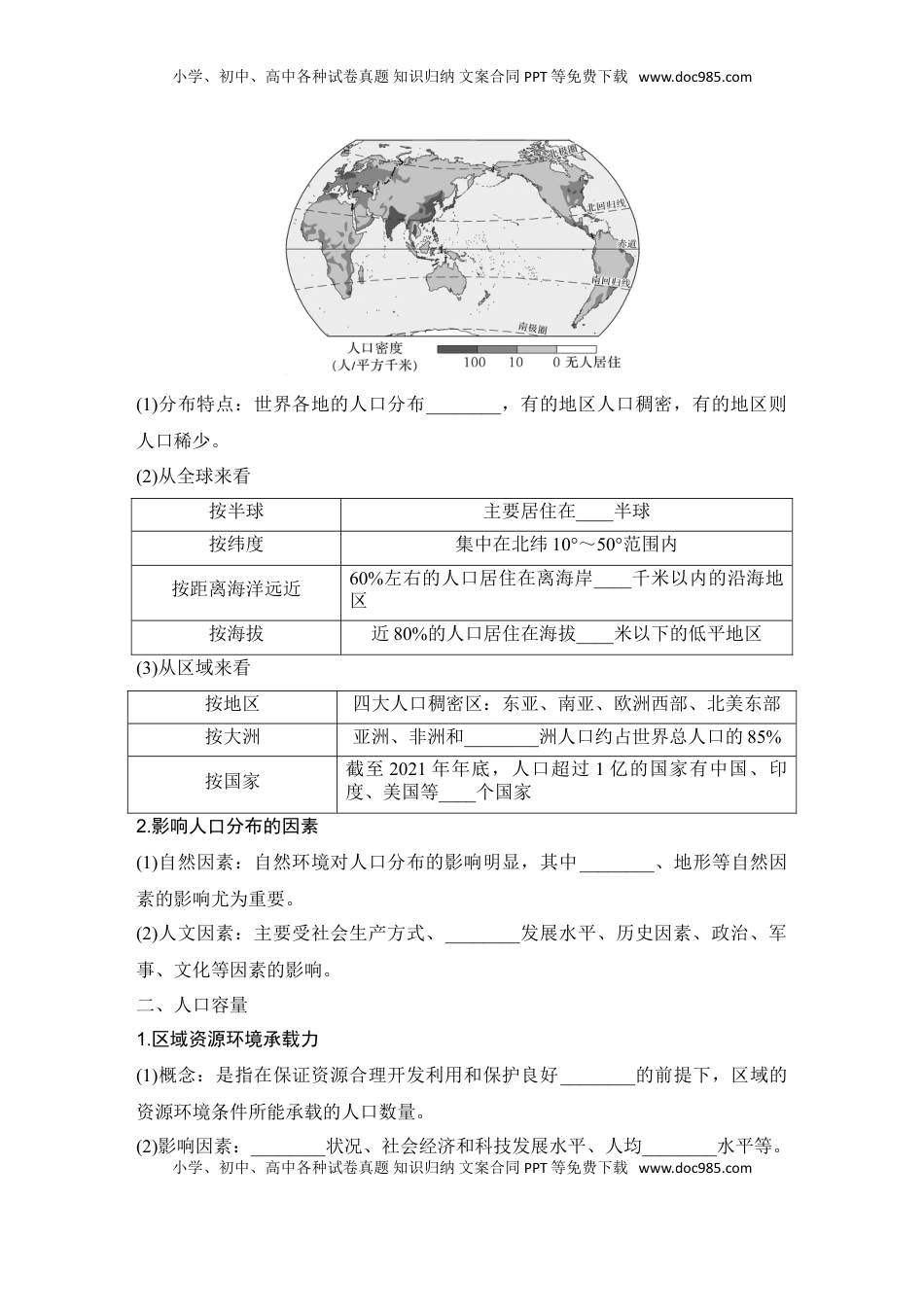 高考地理复习  2025届高中地理一轮复习讲义：第二部分人文地理第十单元人口第46课时　人口分布与人口容量（学生版）.doc
