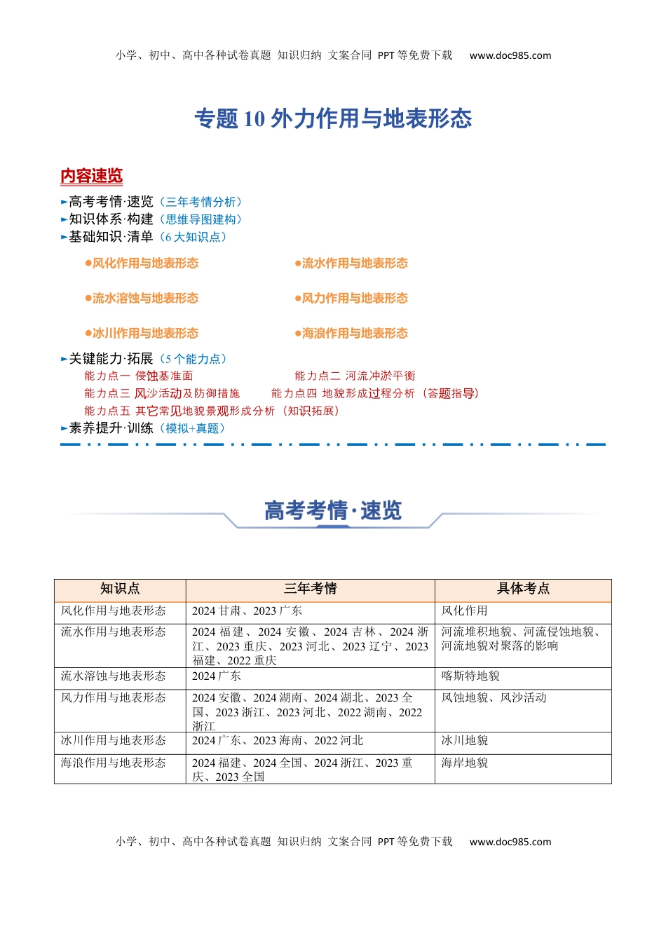 高考地理复习  专题10 外力作用与地表形态（思维导图+6大知识点+5个能力拓展） 2025年高考地理一轮复习知识清单.docx