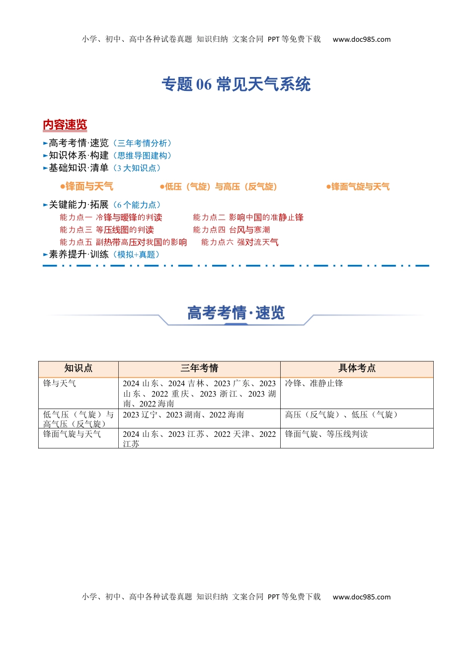 高考地理复习  专题06 常见天气系统（思维导图+3大知识点+6个能力拓展） 2025年高考地理一轮复习知识清单.docx