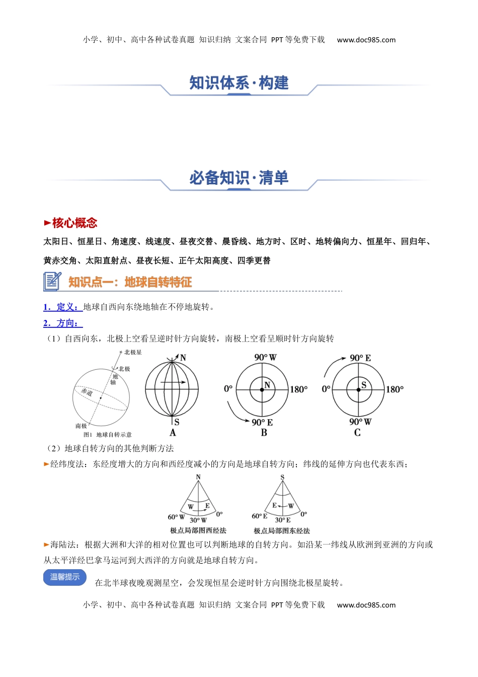 高考地理复习  专题03+地球运动（思维导图+4大知识点+5个能力拓展）-2025年高考地理一轮复习知识清单.docx