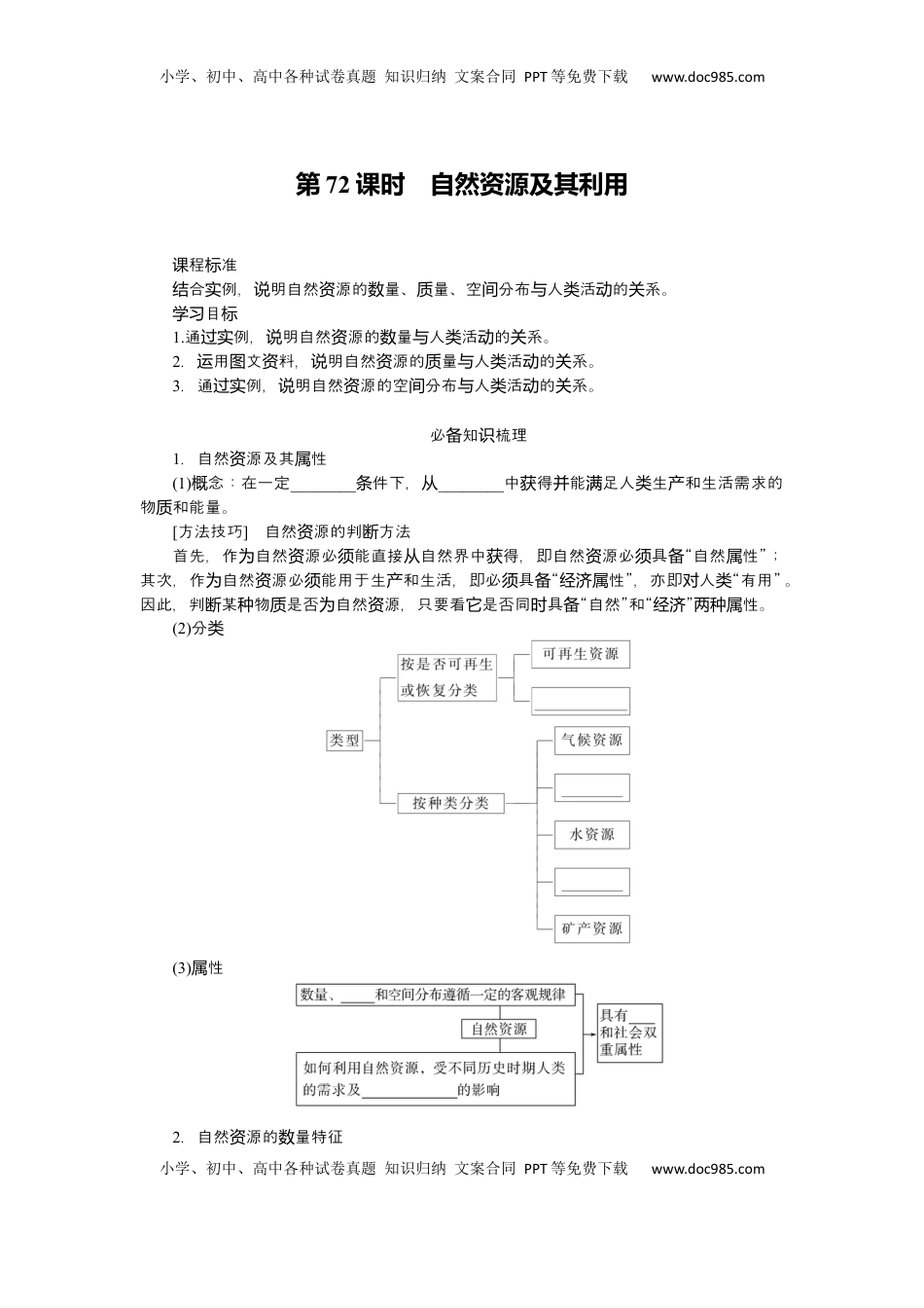 高考地理复习  2025届高中地理人教版一轮复习第72课时导学案：自然资源及其利用.docx
