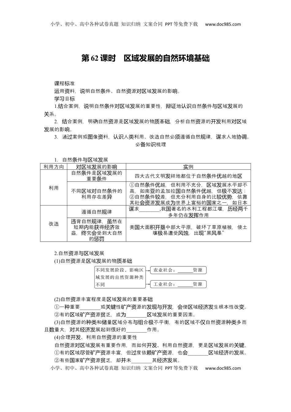 高考地理复习  2025届高中地理人教版一轮复习第62课时导学案：区域发展的自然环境基础.docx
