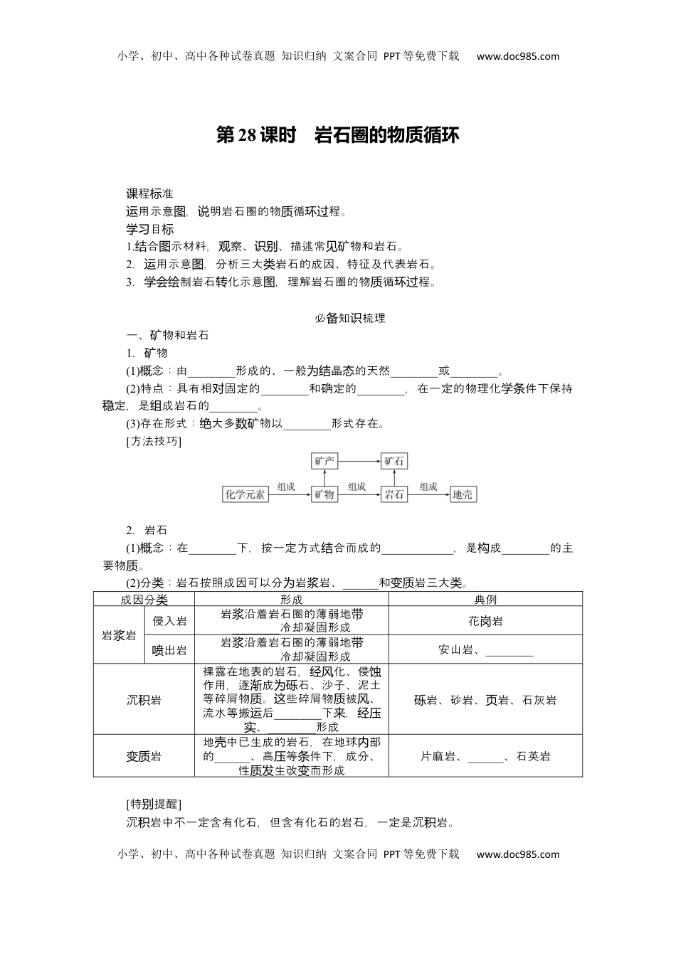 高考地理复习  2025届高中地理人教版一轮复习第28课时导学案：岩石圈的物质循环.docx