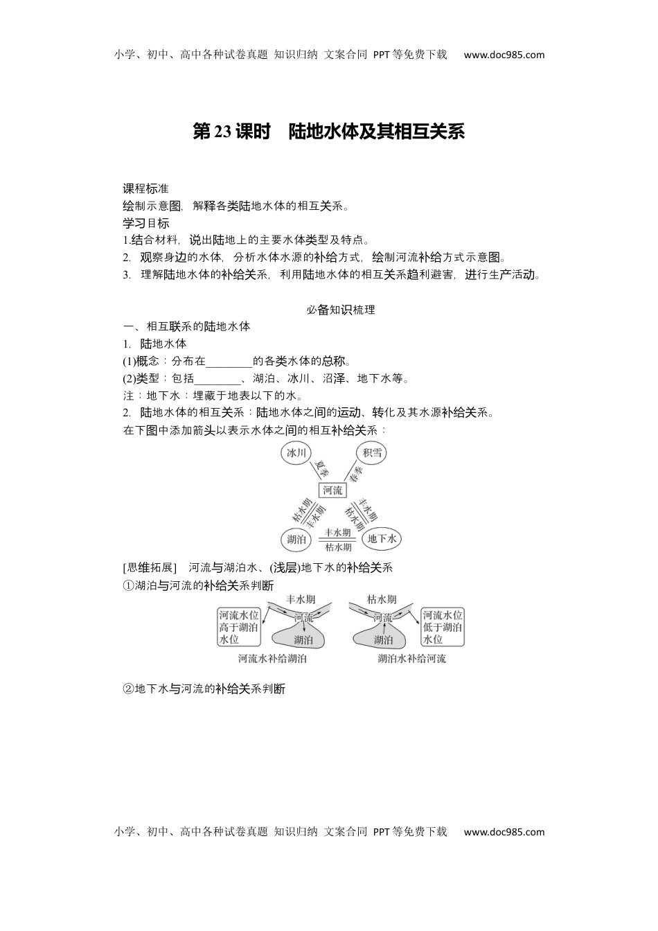 高考地理复习  2025届高中地理人教版一轮复习第23课时导学案：陆地水体及其相互关系.docx