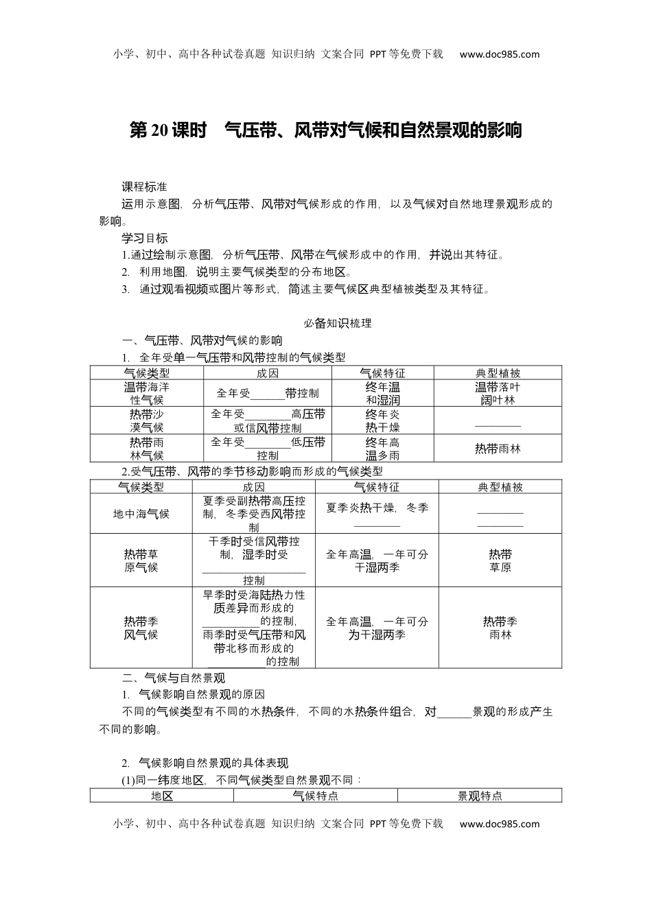 高考地理复习  2025届高中地理人教版一轮复习第20课时导学案：气压带、风带对气候和自然景观的影响.docx
