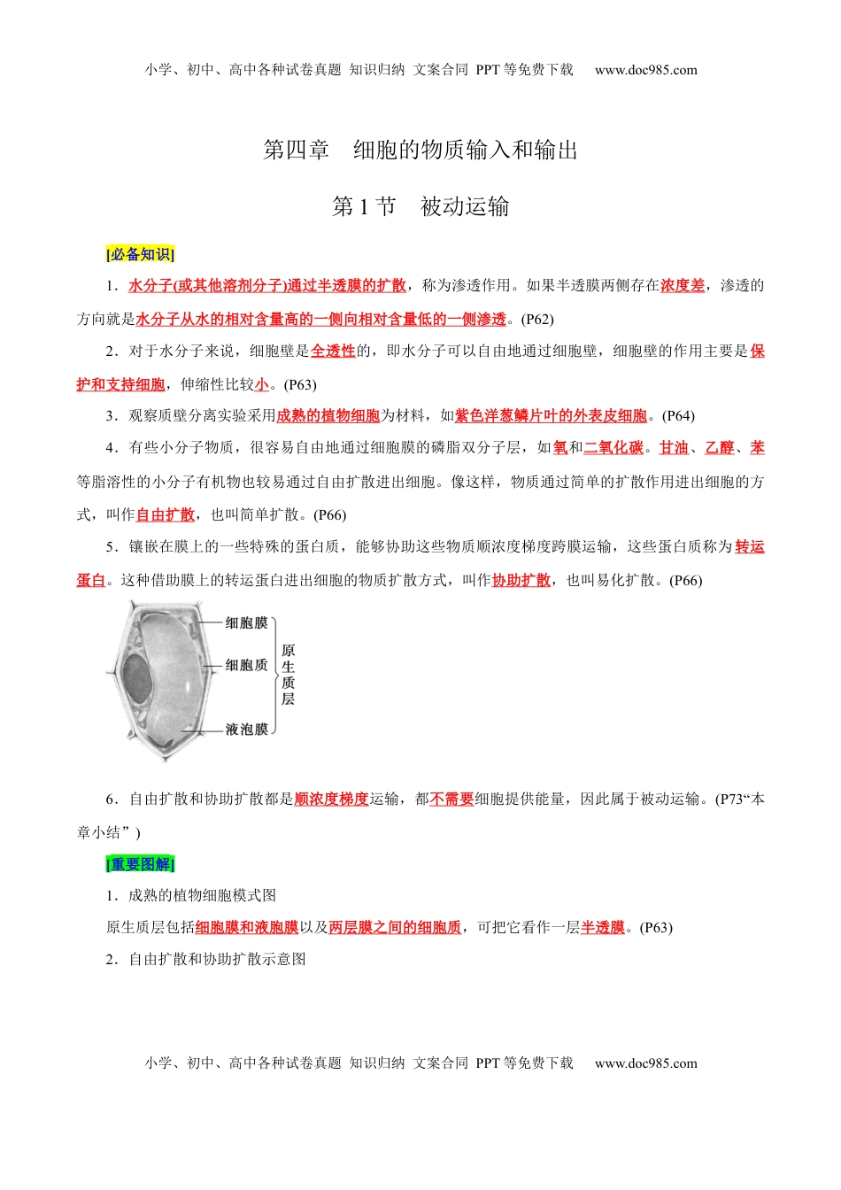高考生物复习  第4章 细胞的物质输入和输出（背诵版）.docx