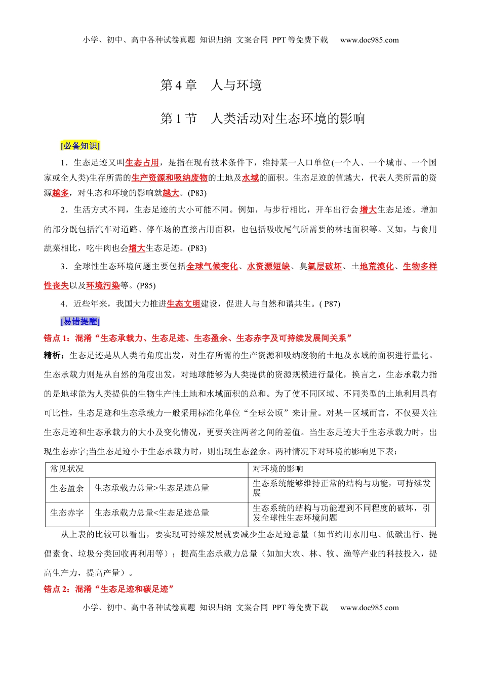 高考生物复习  第4章 人与环境（背诵版）.docx