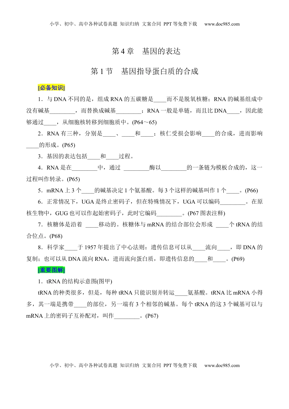 高考生物复习  第4章 基因的表达（填空版）.docx