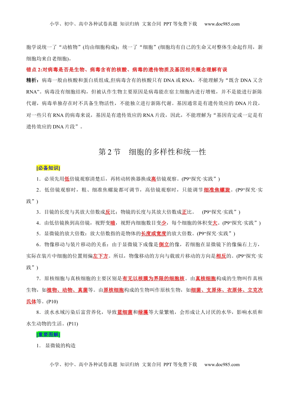 高考生物复习  第1章 走近细胞（背诵版）.docx