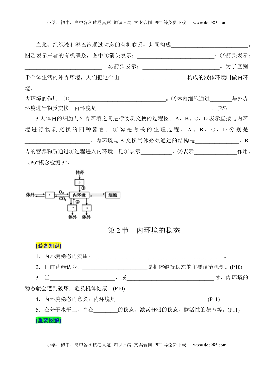 高考生物复习  第1章 人体的内环境与稳态（填空版）.docx