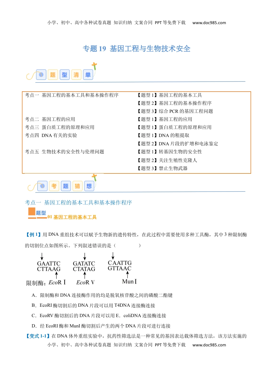 高考生物复习  专题19 基因工程与生物技术安全（10大题型）（原卷版）.docx