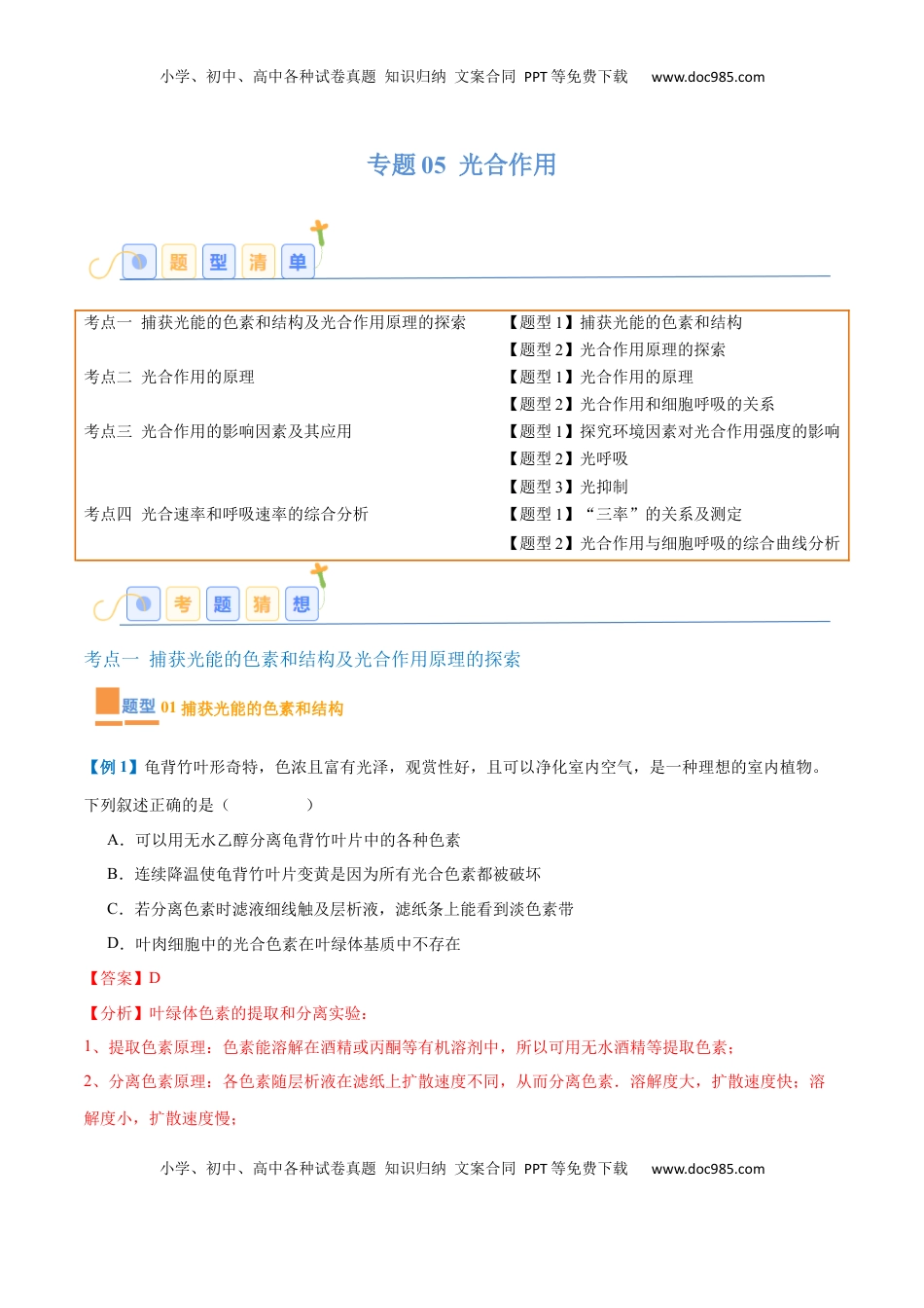 高考生物复习  专题05 光合作用（9大题型）（解析版）.docx
