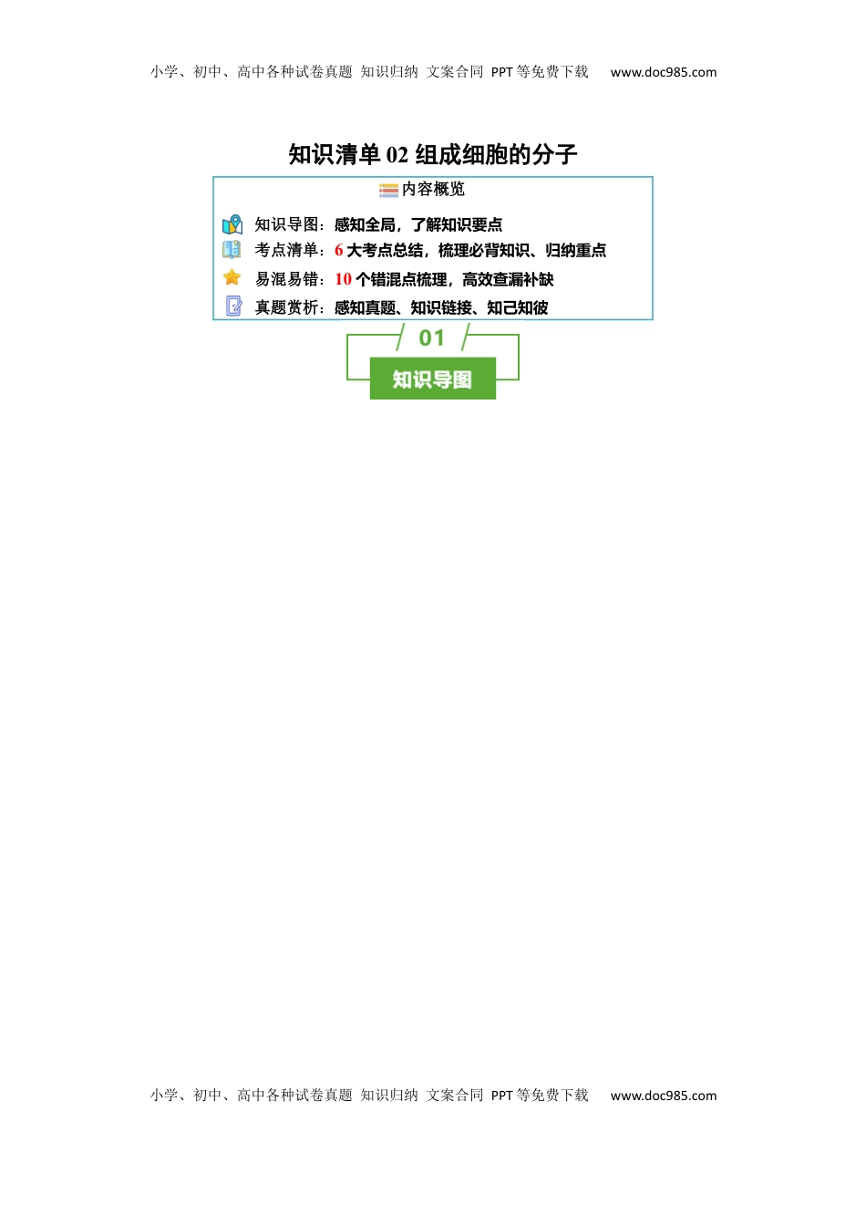 高考生物复习  知识清单02+组成细胞的分子（6大考点+10个易错点）-【上好课】2025年高考生物一轮复习知识清单.docx