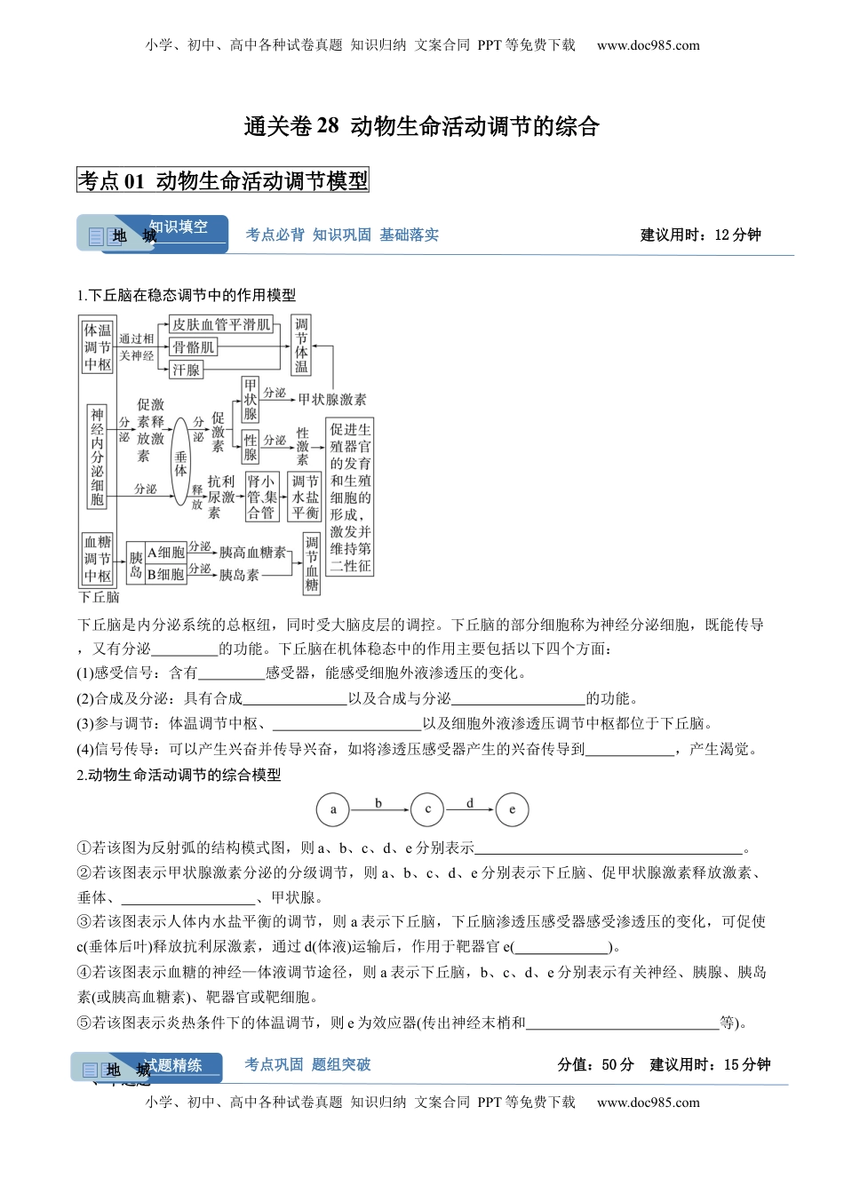 高考生物复习  考点通关卷28  动物生命活动调节的综合（原卷版）.docx