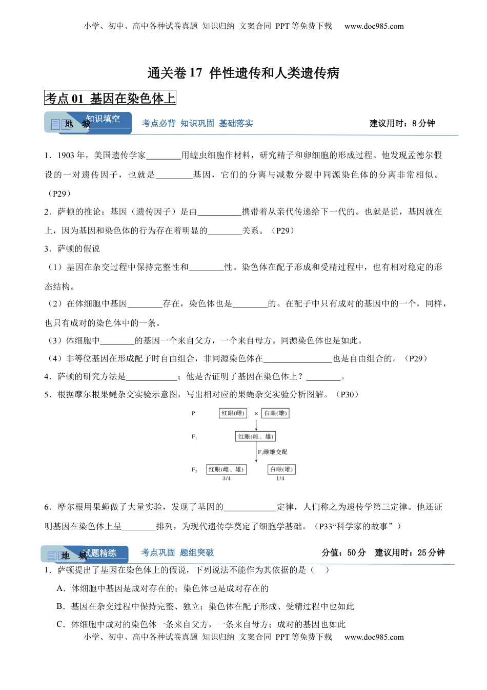 高考生物复习  考点通关卷17 伴性遗传和人类遗传病（原卷版）.docx
