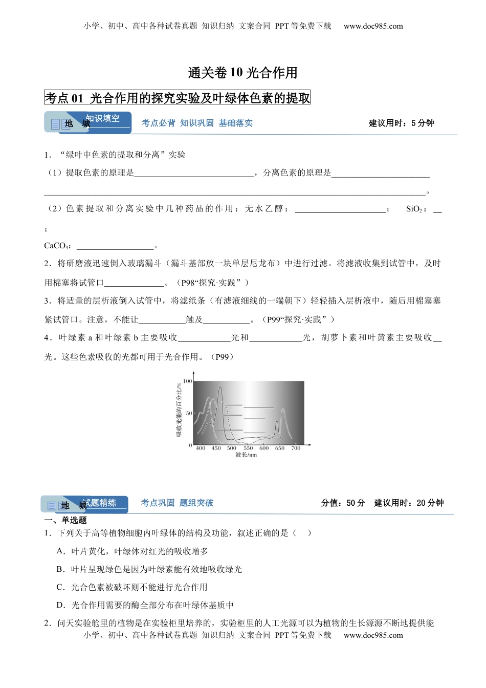 高考生物复习  考点通关卷10 光合作用（原卷版）.docx