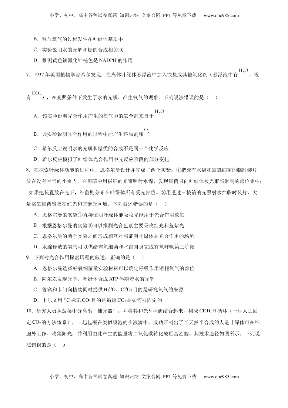 高考生物复习  考点通关卷10 光合作用（原卷版）.docx