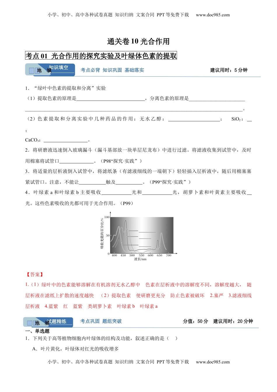 高考生物复习  考点通关卷10 光合作用（解析版）.docx