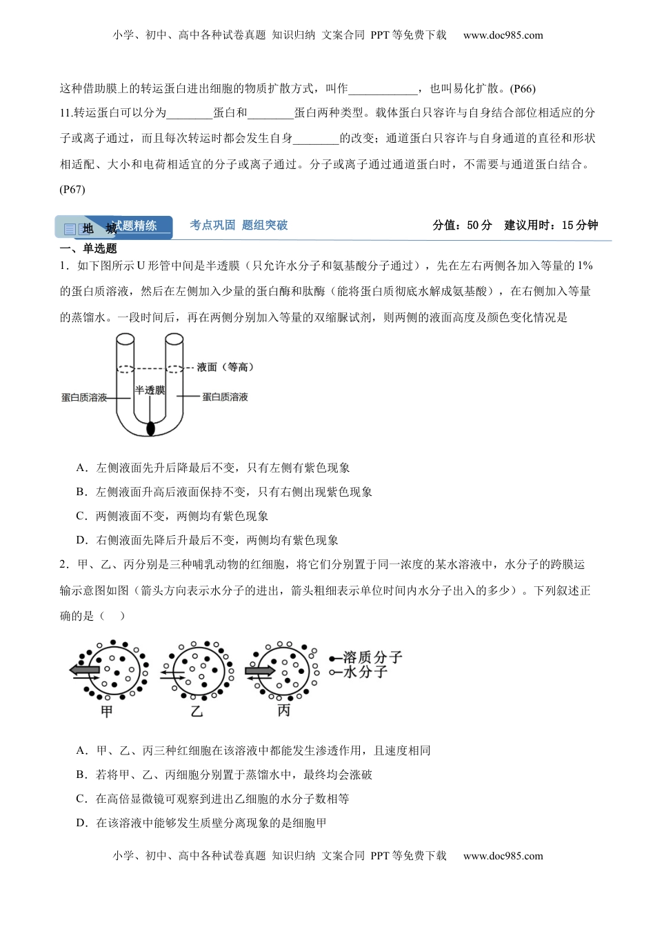 高考生物复习  考点通关卷07 物质运输（原卷版）.docx