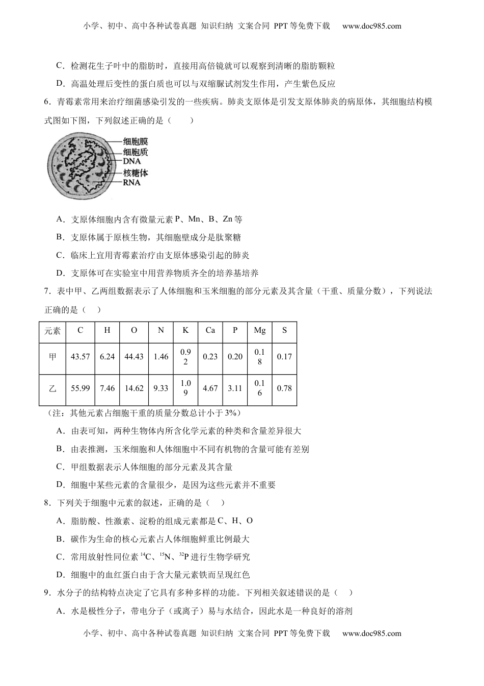 高考生物复习  单元检测卷01 细胞的概述及其分子组成（原卷版）.docx