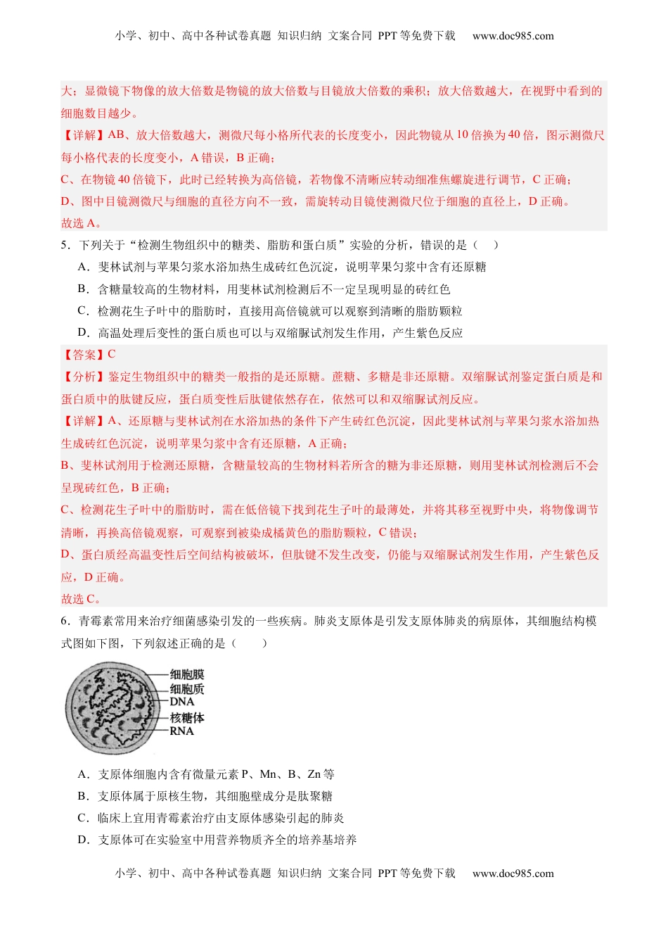 高考生物复习  单元检测卷01 细胞的概述及其分子组成（解析版）.docx