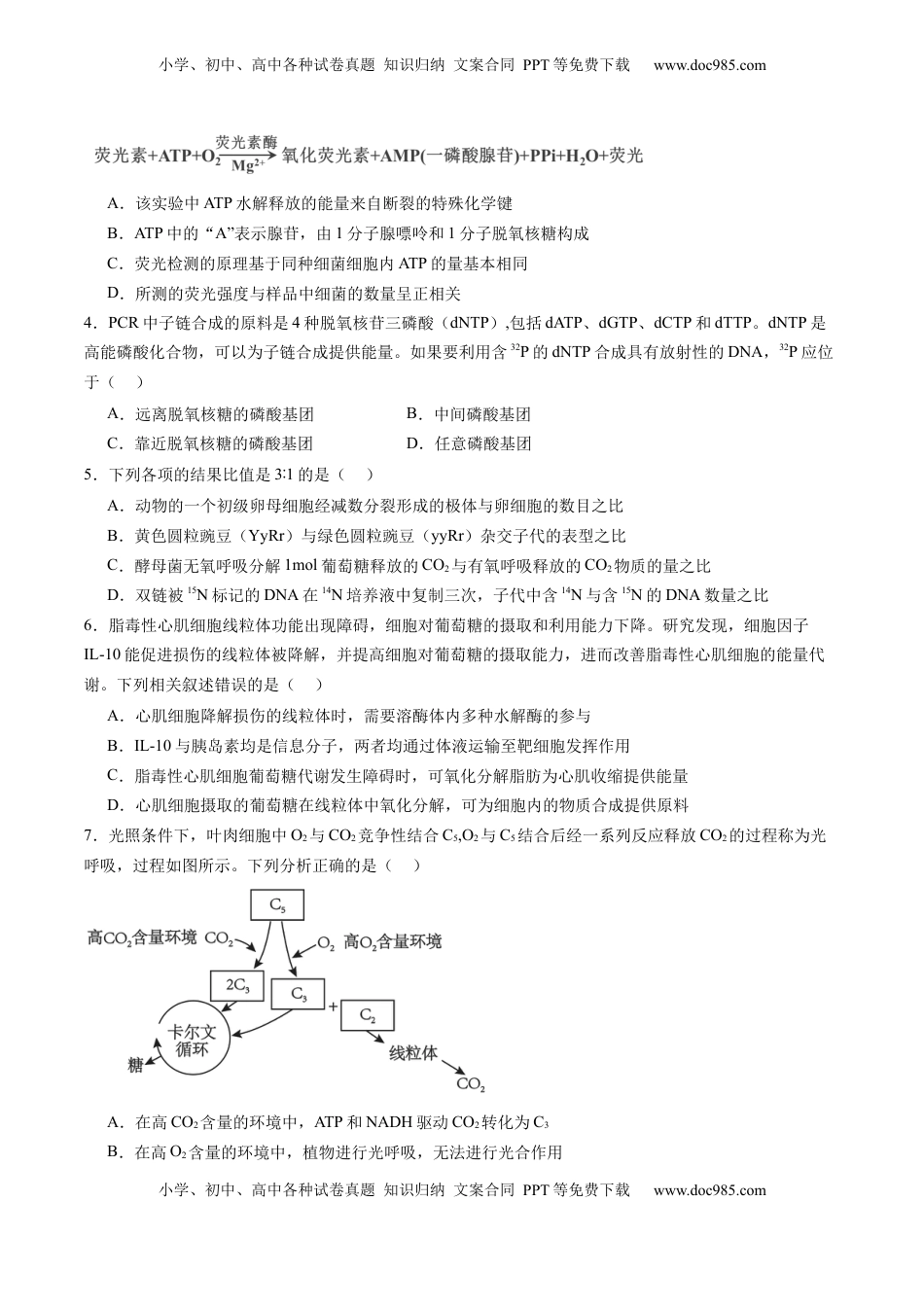 高考生物复习  第三单元 细胞的能量供应和利用（测试）（原卷版）.docx