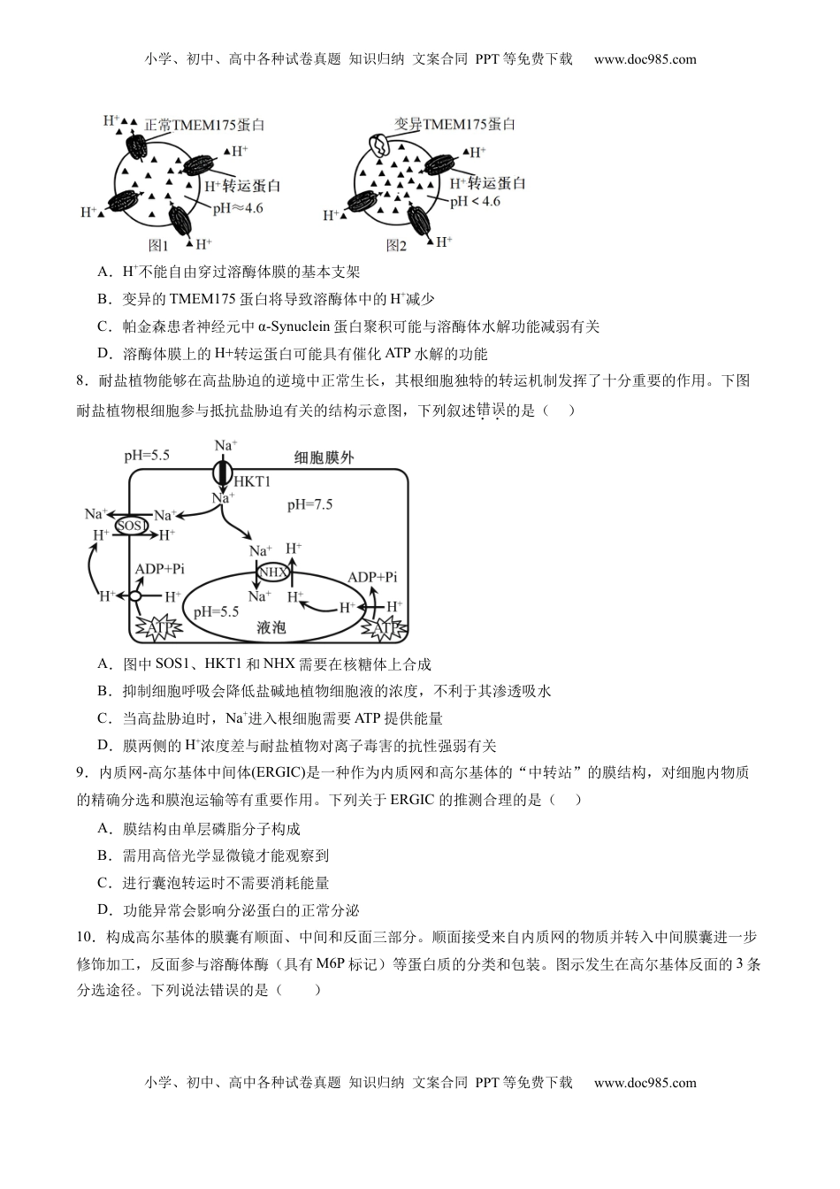 高考生物复习  第二单元 细胞的结构、功能和物质运输（测试）（原卷版）.docx
