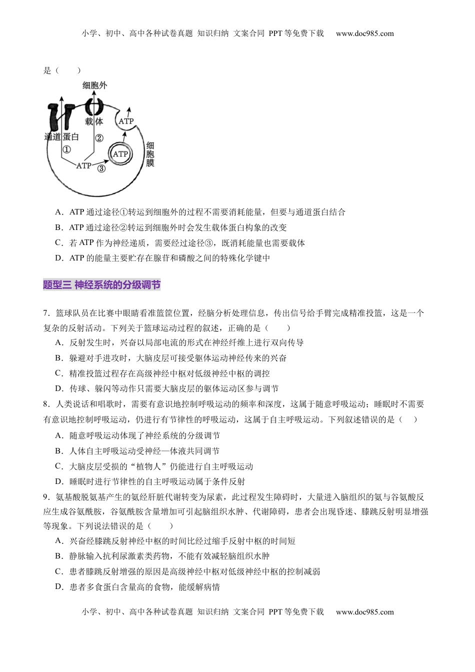 高考生物复习  第25讲 神经调节（第二课时，神经冲动的产生和传导、神经系统的分级调节和人脑的高级功能）（练习）（原卷版）.docx