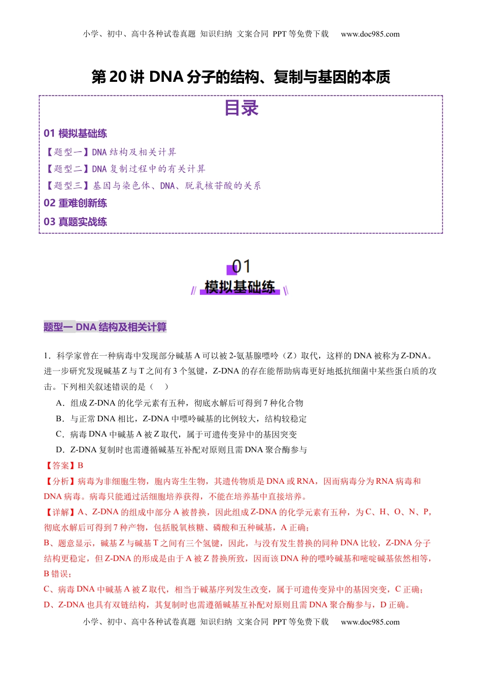 高考生物复习  第20讲 DNA分子的结构、复制与基因的本质（练习）（解析版）.docx