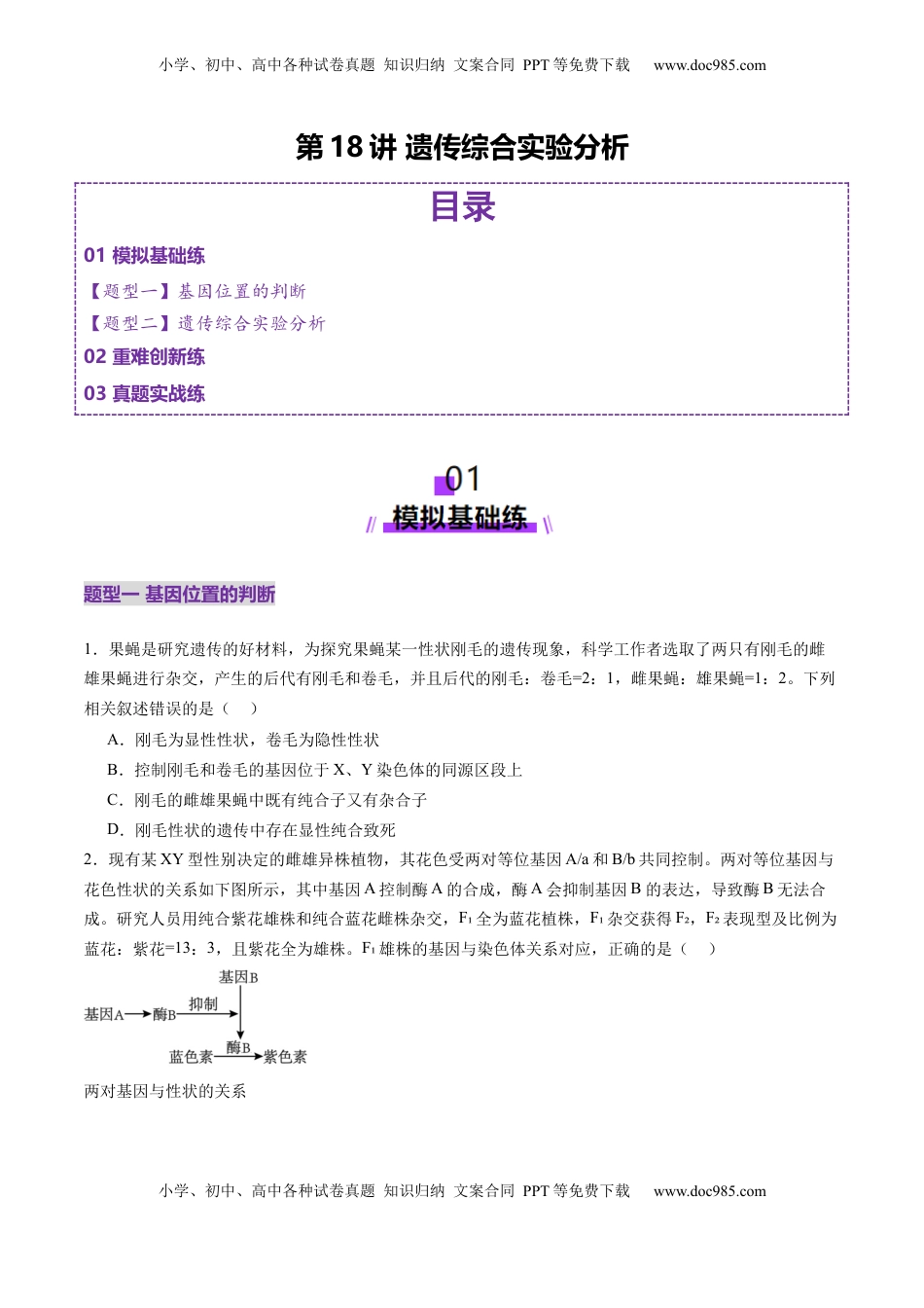 高考生物复习  第18讲 遗传综合实验分析（练习）（原卷版）.docx