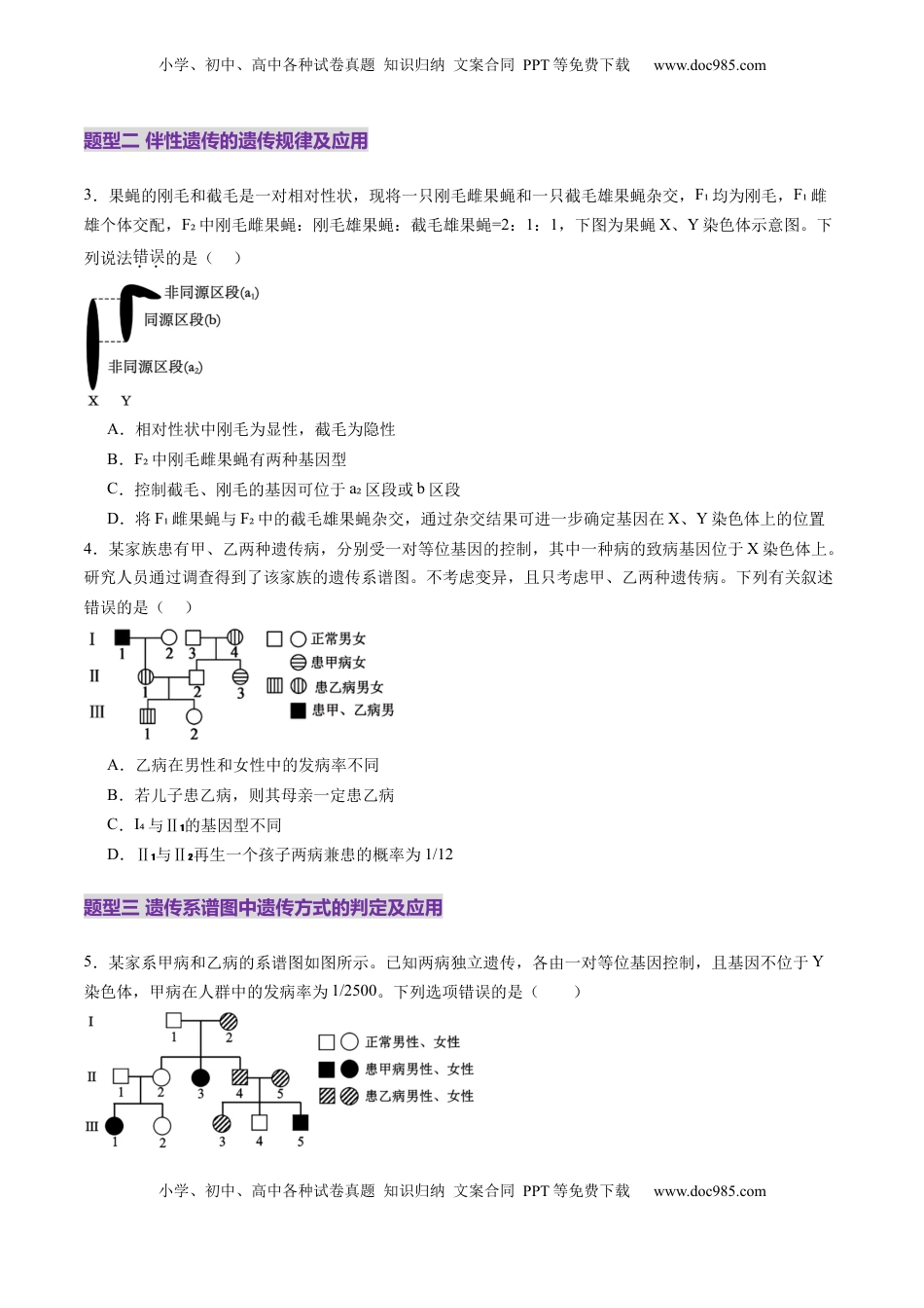 高考生物复习  第17讲 伴性遗传和人类遗传病（练习）（原卷版）.docx