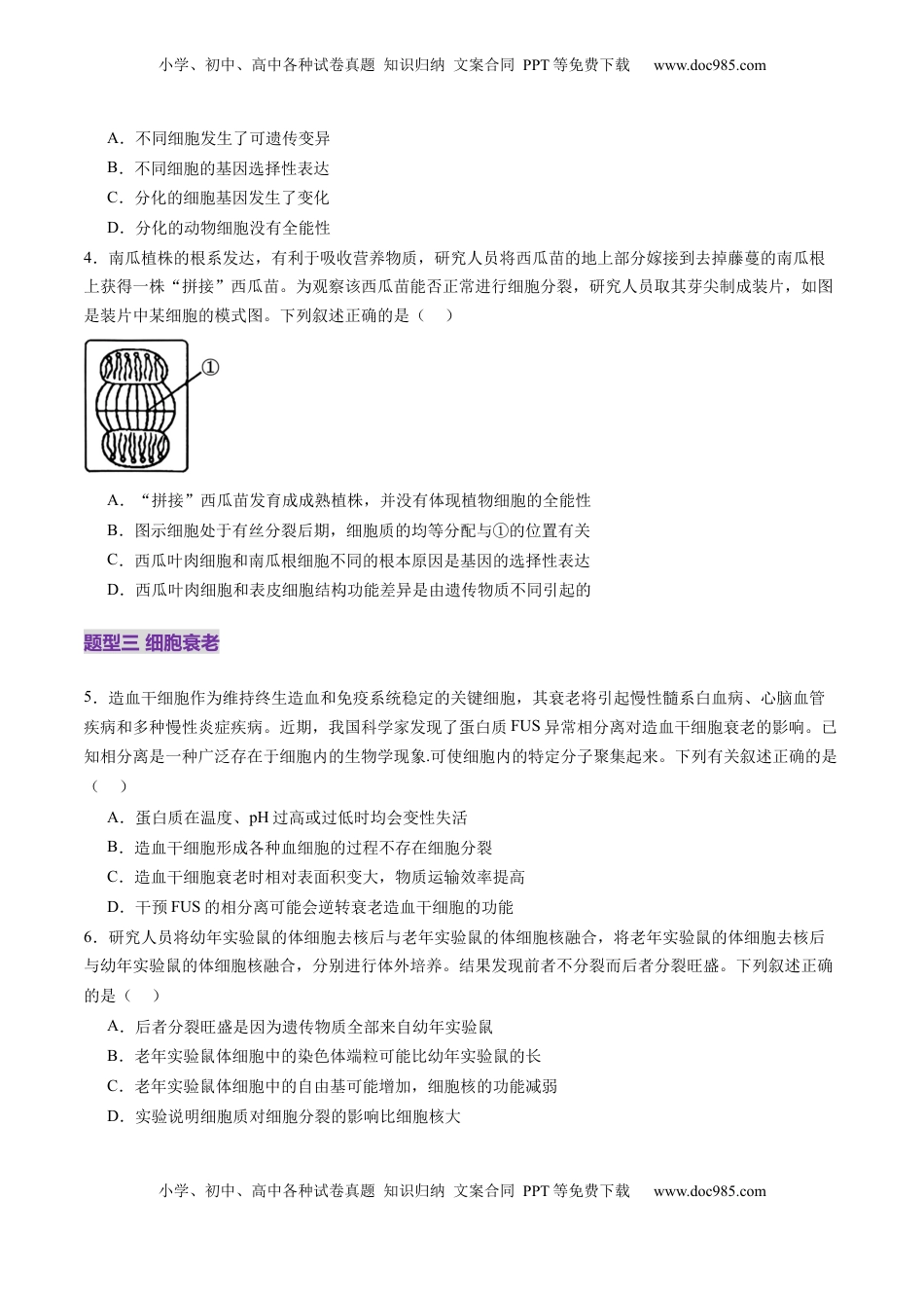 高考生物复习  第14讲 细胞的分化、衰老、死亡和癌变（练习）（原卷版）.docx