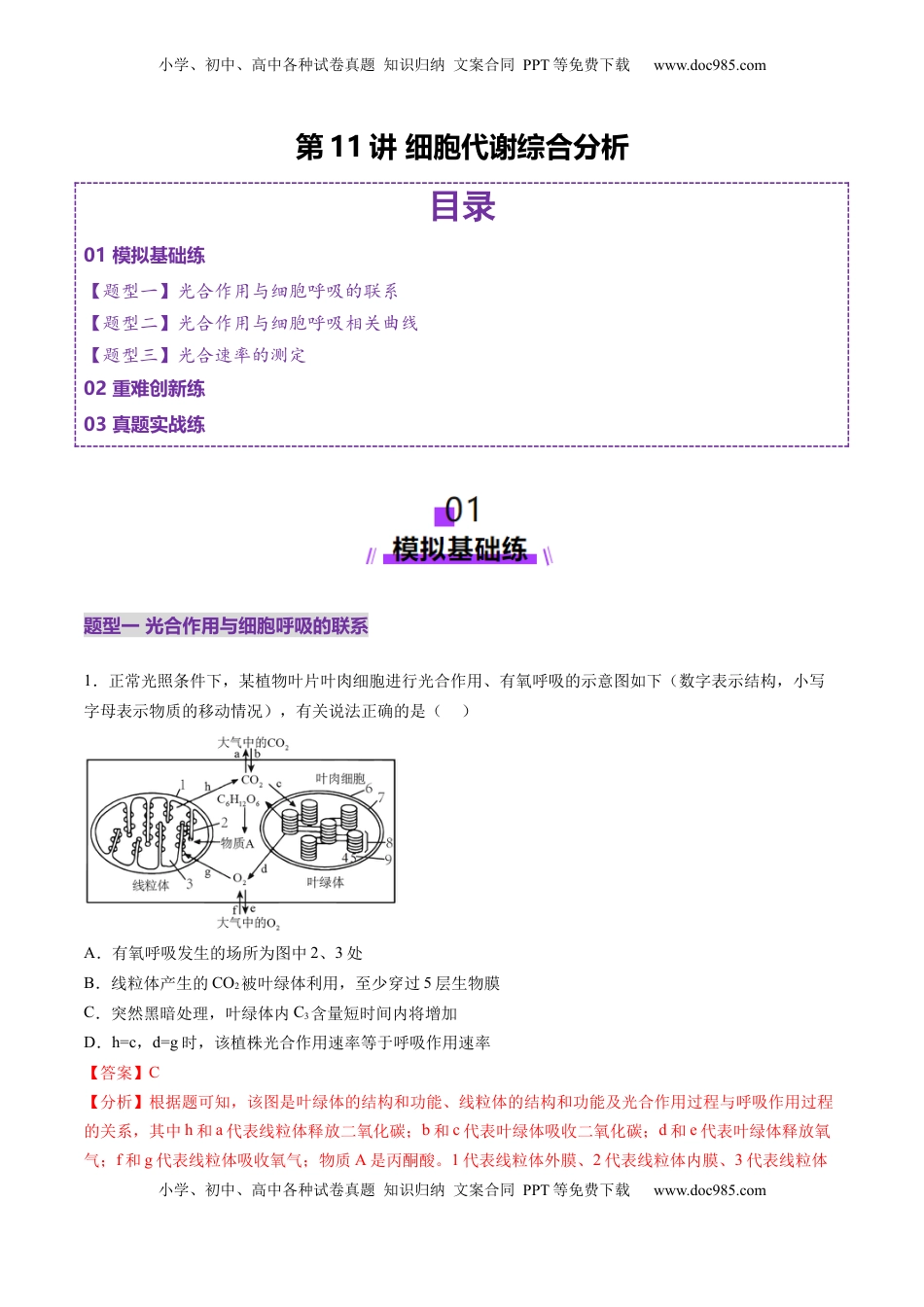 高考生物复习  第11讲 细胞代谢综合分析（练习）（解析版）.docx