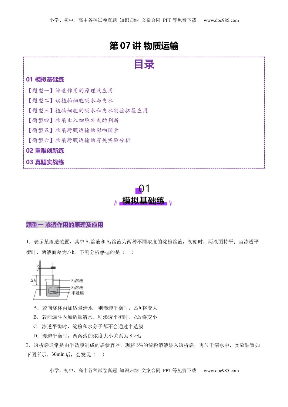 高考生物复习  第07讲 物质运输（练习）（原卷版）.docx