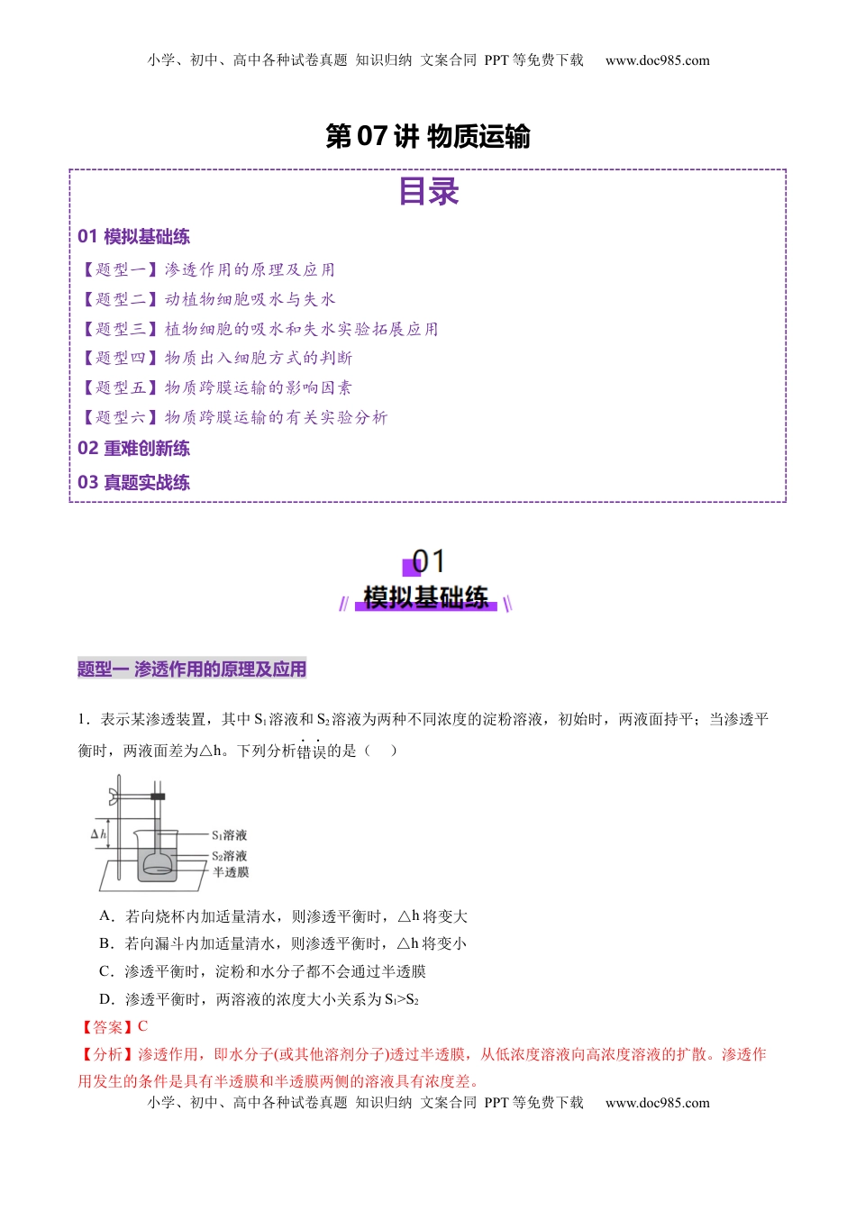 高考生物复习  第07讲 物质运输（练习）（解析版）.docx