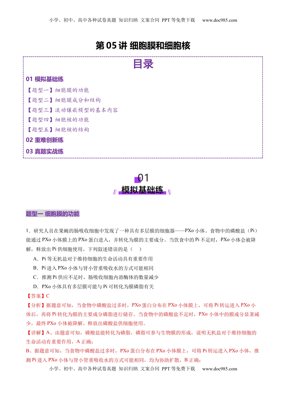 高考生物复习  第05讲 细胞膜和细胞核（练习）（解析版）.docx