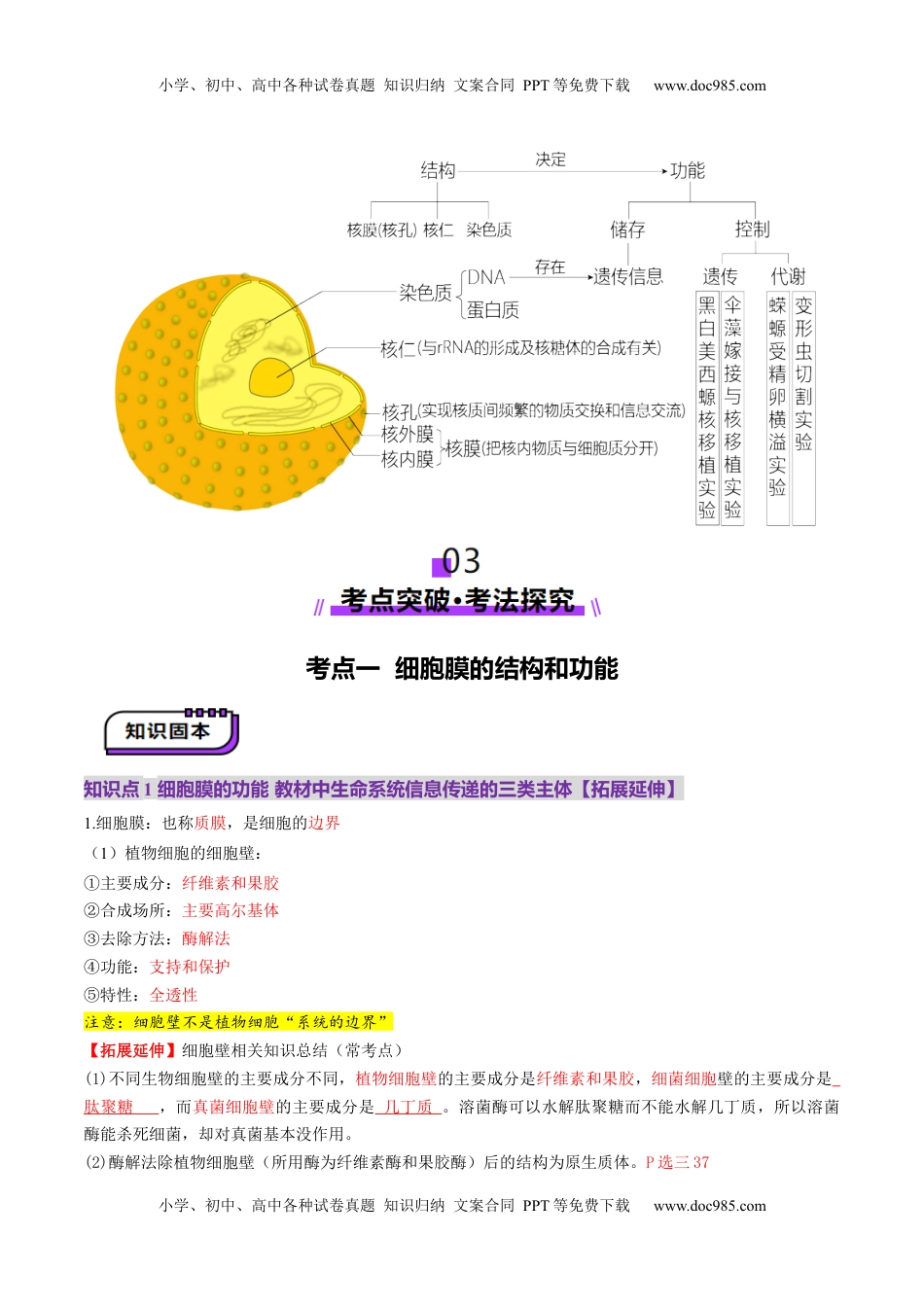 高考生物复习  第05讲 细胞膜和细胞核（讲义）（原卷版）.docx