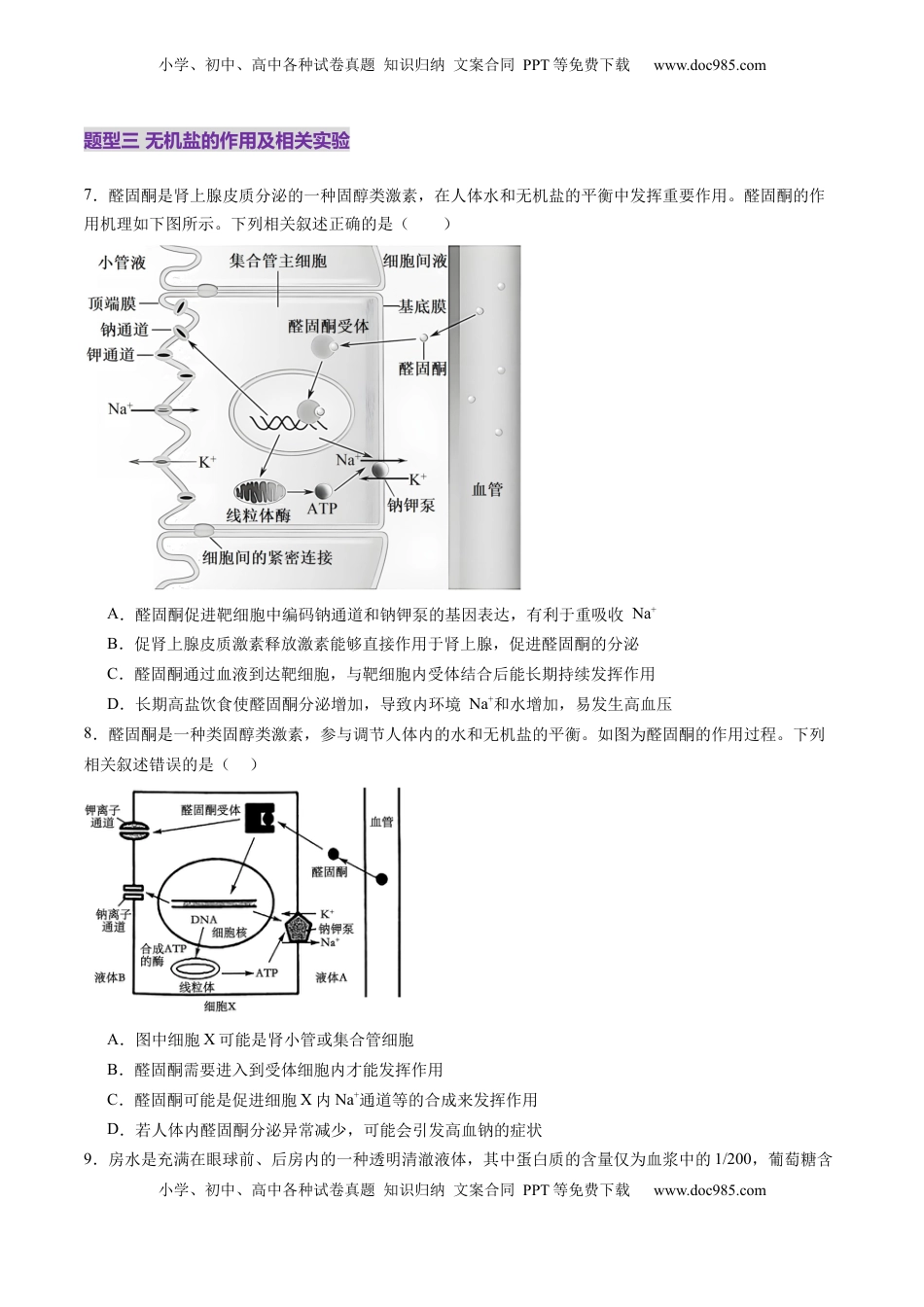 高考生物复习  第02讲 细胞中的元素和化合物（练习）（原卷版）.docx