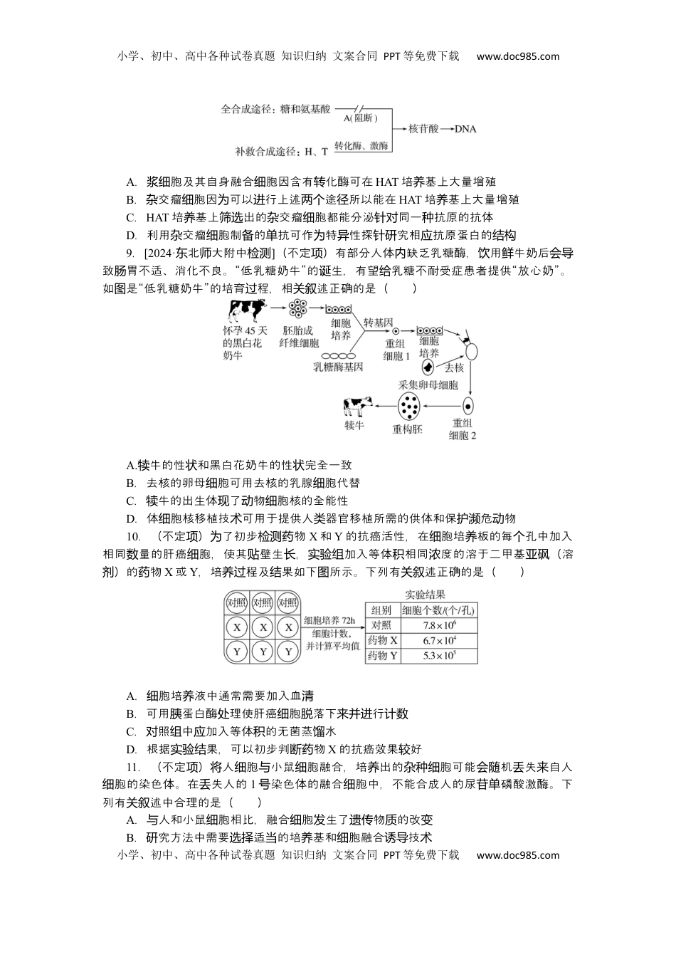 高考生物复习  2025届高中生物学一轮复习检测案41　动物细胞工程（含解析）.docx