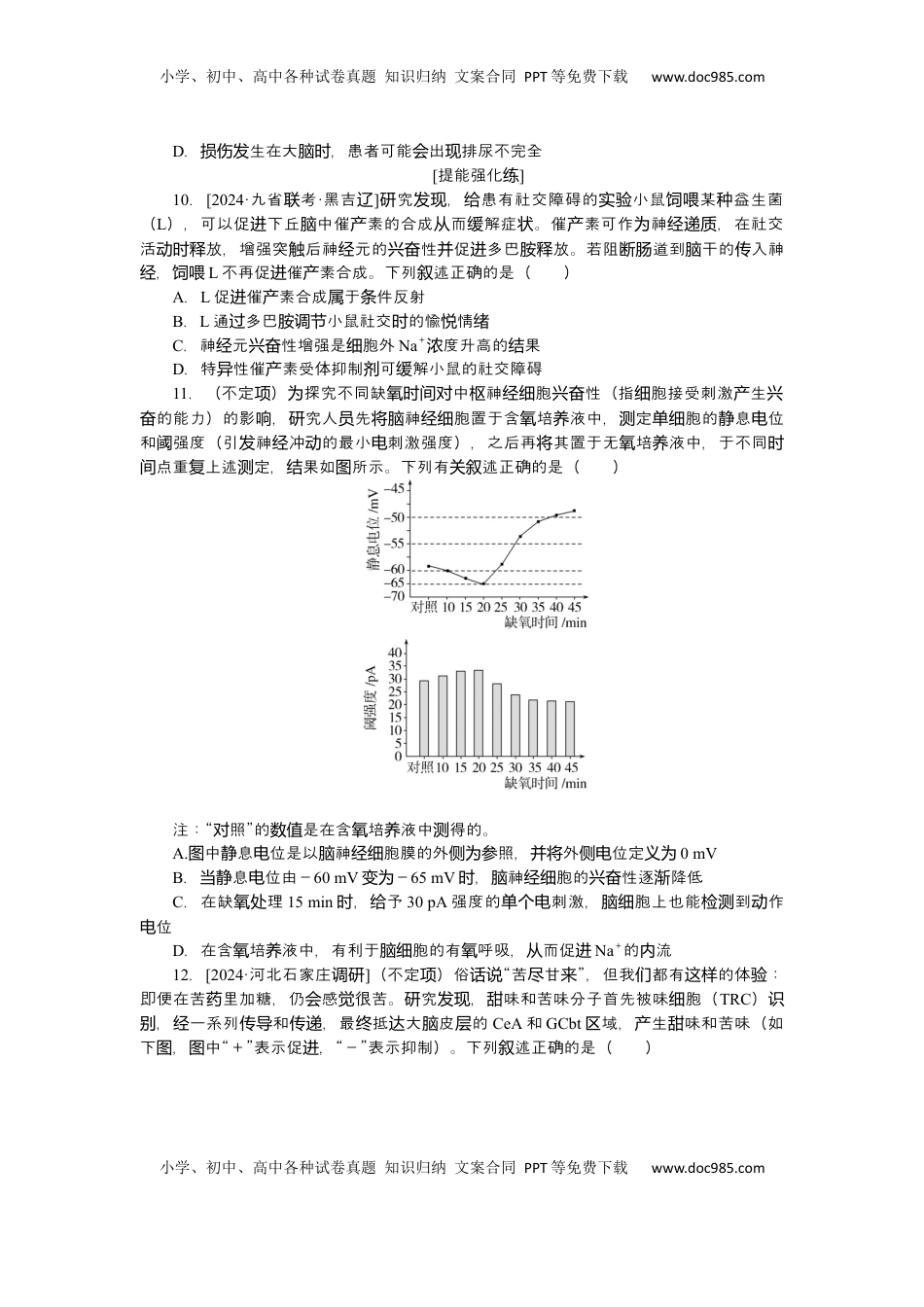 高考生物复习  2025届高中生物学一轮复习检测案28　神经调节（含解析）.docx