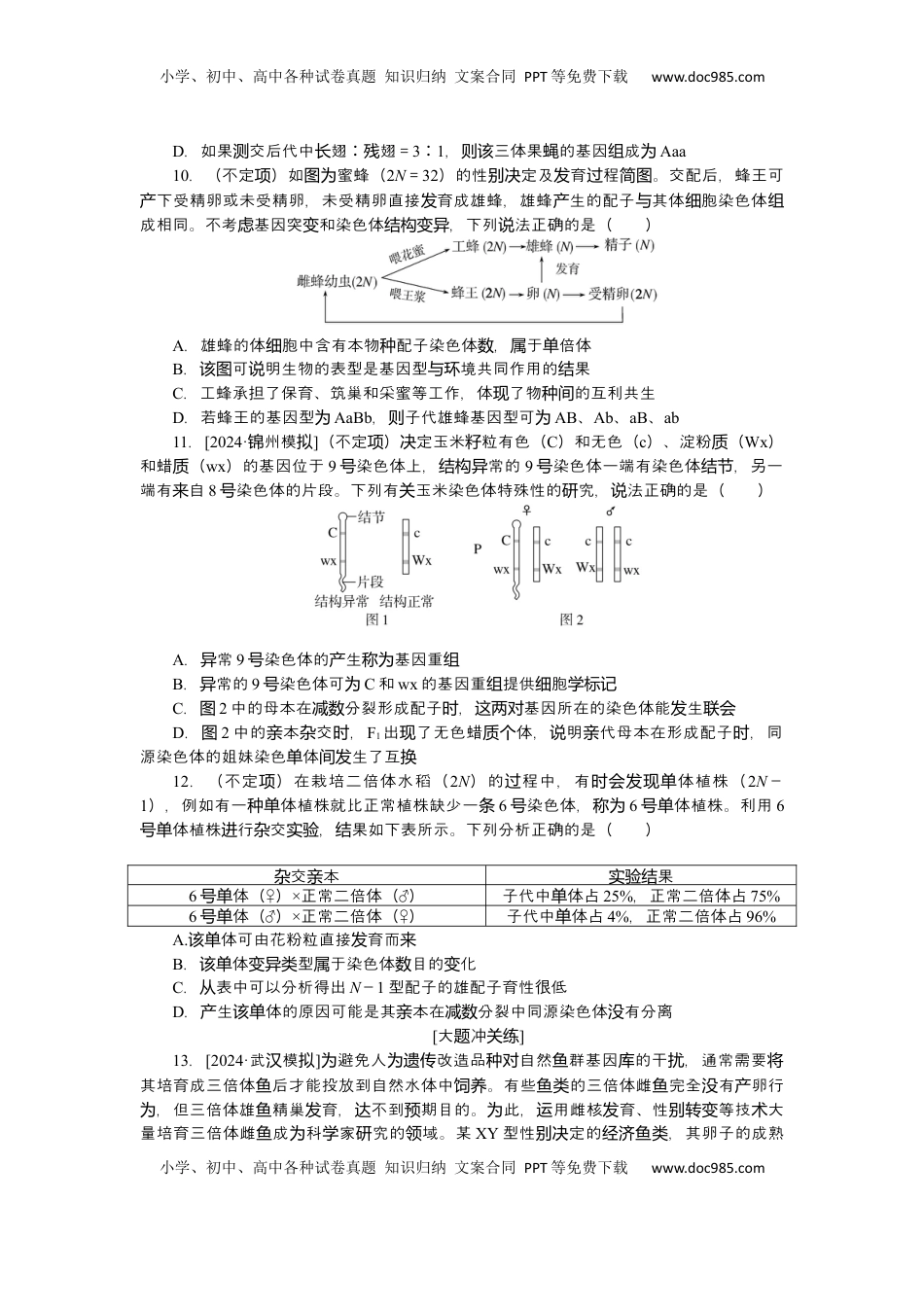 高考生物复习  2025届高中生物学一轮复习检测案24　染色体变异（含解析）.docx
