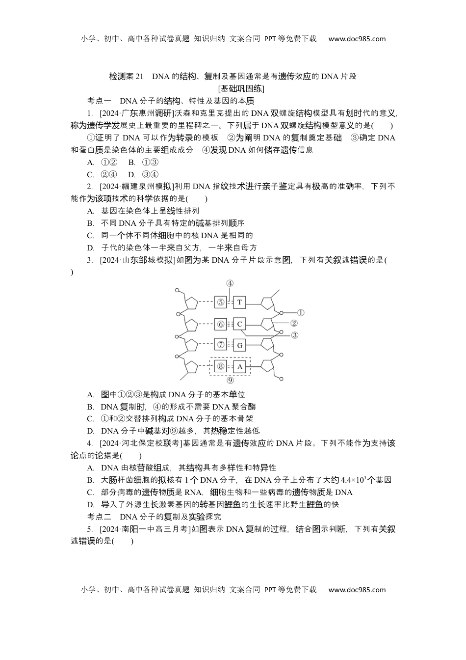 高考生物复习  2025届高中生物学一轮复习检测案21　DNA的结构、复制及基因（含解析）.docx