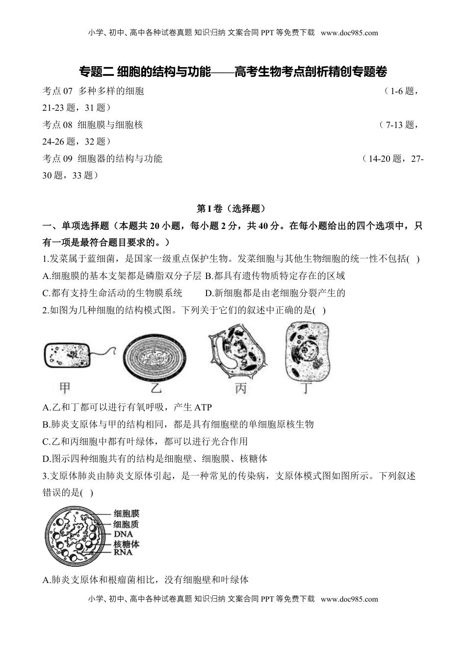 高考生物复习  专题二 细胞的结构与功能(有解析)——2025届高考生物考点剖析.docx