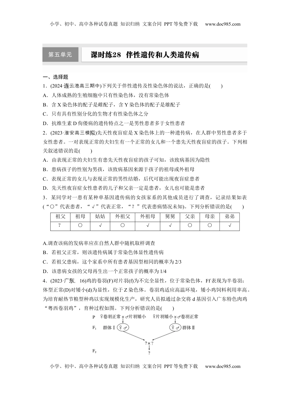高考生物复习  第五单元  课时练28  伴性遗传和人类遗传病.docx