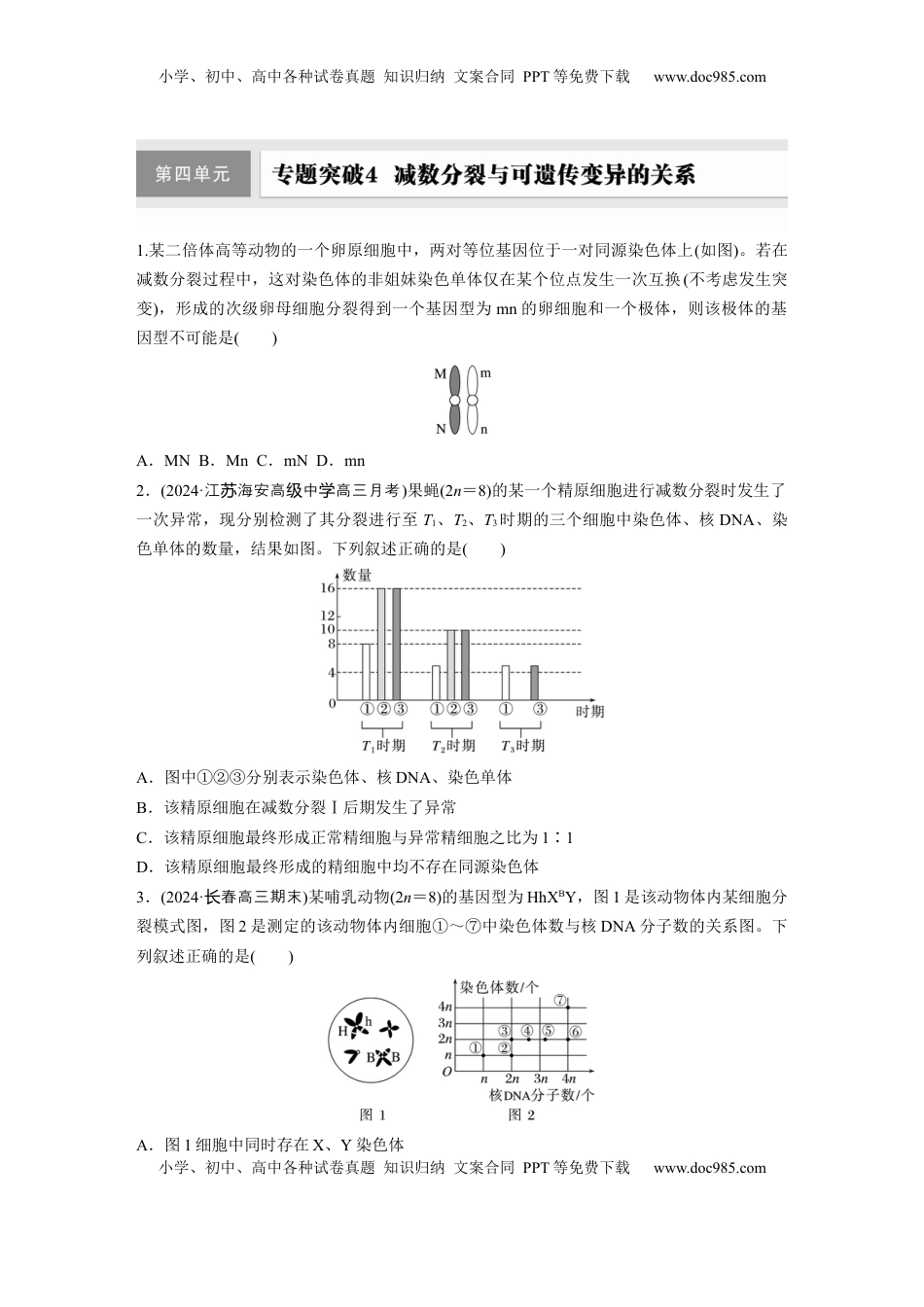 高考生物复习  第四单元　专题突破4  减数分裂与可遗传变异的关系.docx