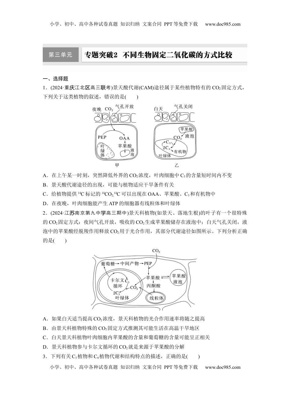 高考生物复习  第三单元　专题突破2  不同生物固定二氧化碳的方式比较.docx