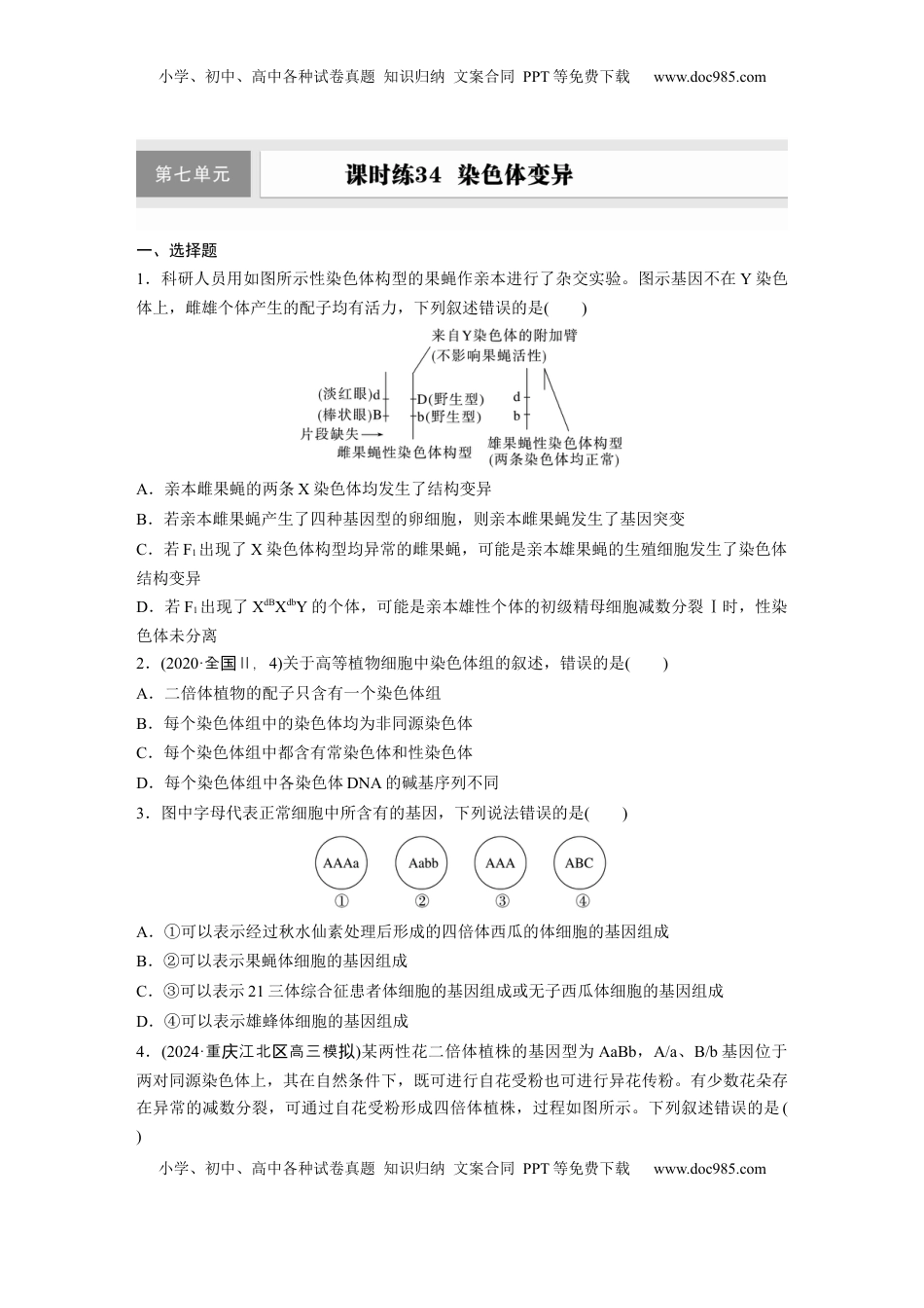 高考生物复习  第七单元　课时练34　染色体变异.docx
