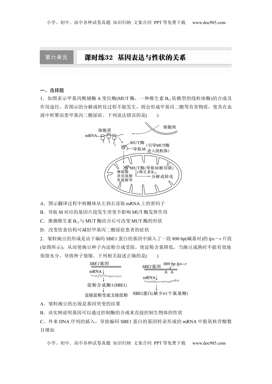 高考生物复习  第六单元　课时练32　基因表达与性状的关系.docx