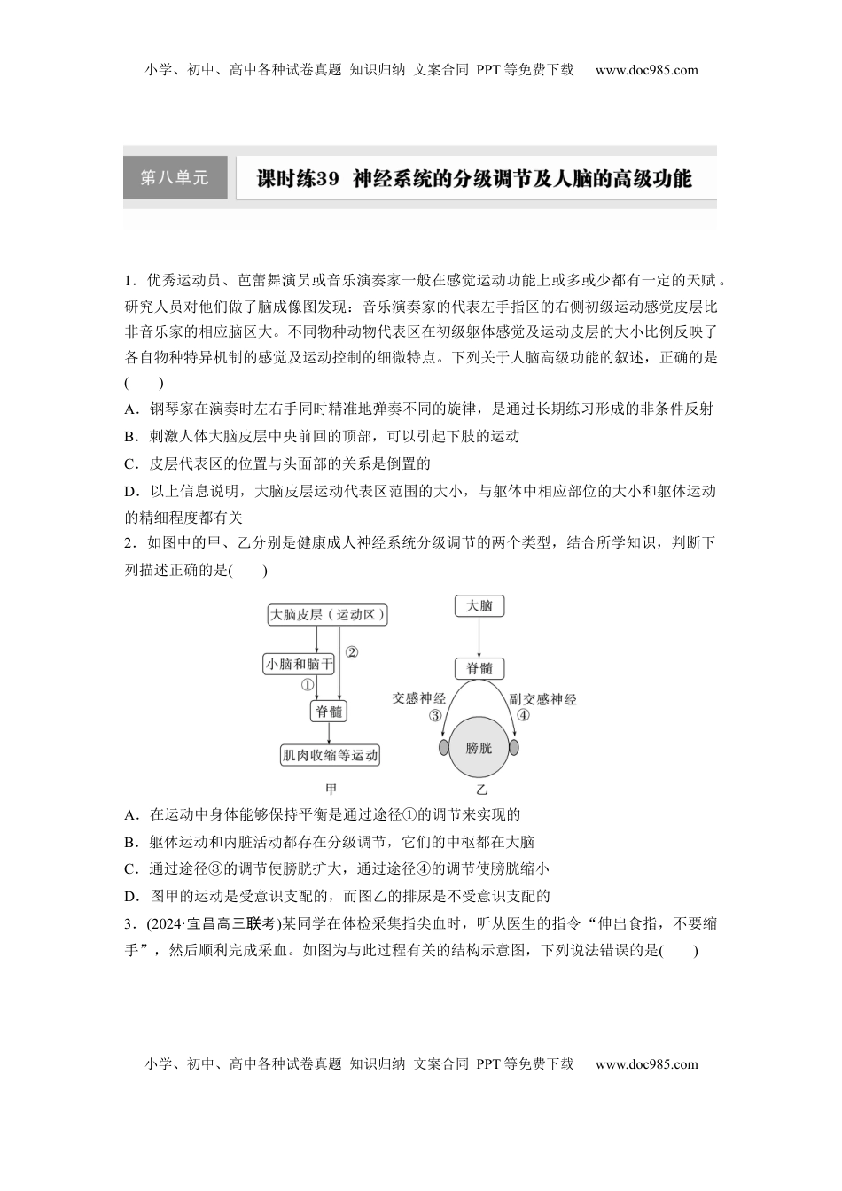 高考生物复习  第八单元　课时练39　神经系统的分级调节及人脑的高级功能.docx